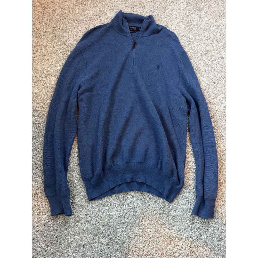 Polo Ralph Lauren Mens Quarter Zip Sweater XL Pima Cotton Blue Mesh Knit